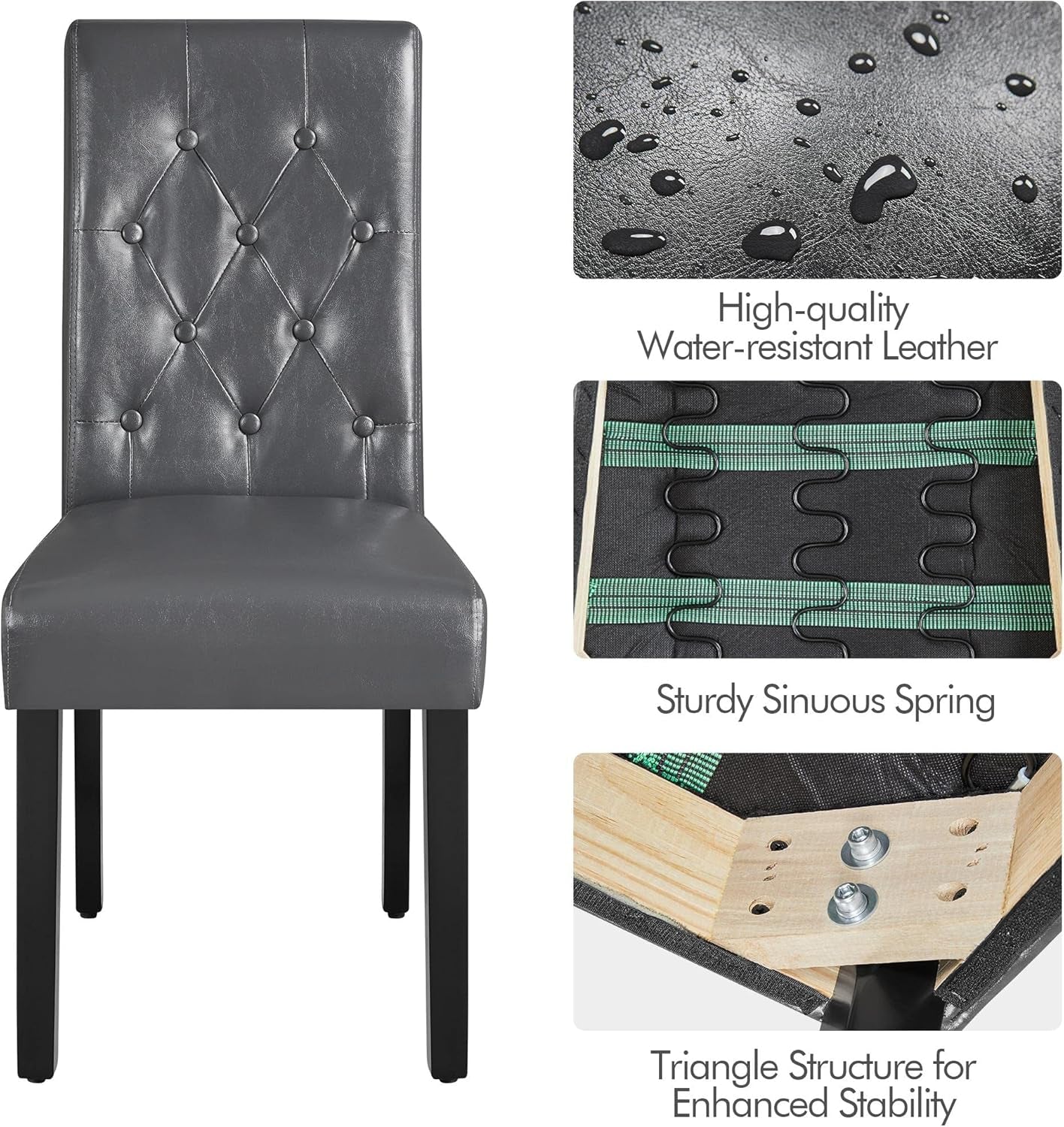Button Tufted Dining Chairs Parsons Chair Set of 2, Faux Leather Dining Room Chairs Side Chairs High Back for Home Kitchen Living Room, Gray-3