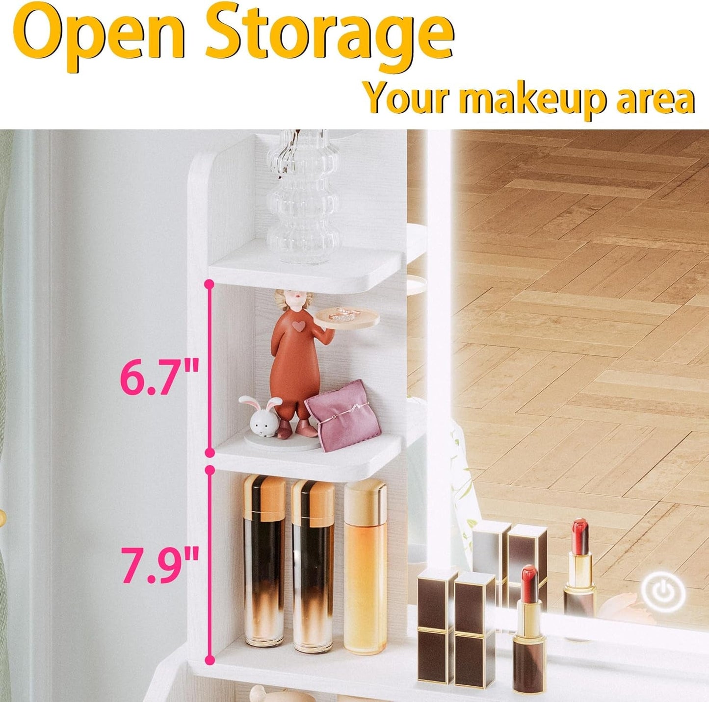 White Small Vanity Set Mirror, Lights, Storage, Chair-4