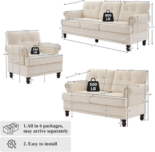 Tufted Sofa Set for Living Room, Including 3 Seater Couch, Loveseat Sofa, and Living Room Chairs with Rivets, Rolled Arms, and Solid Wood Legs, Couches for Living Room, Bedroom, Office, Biege-1