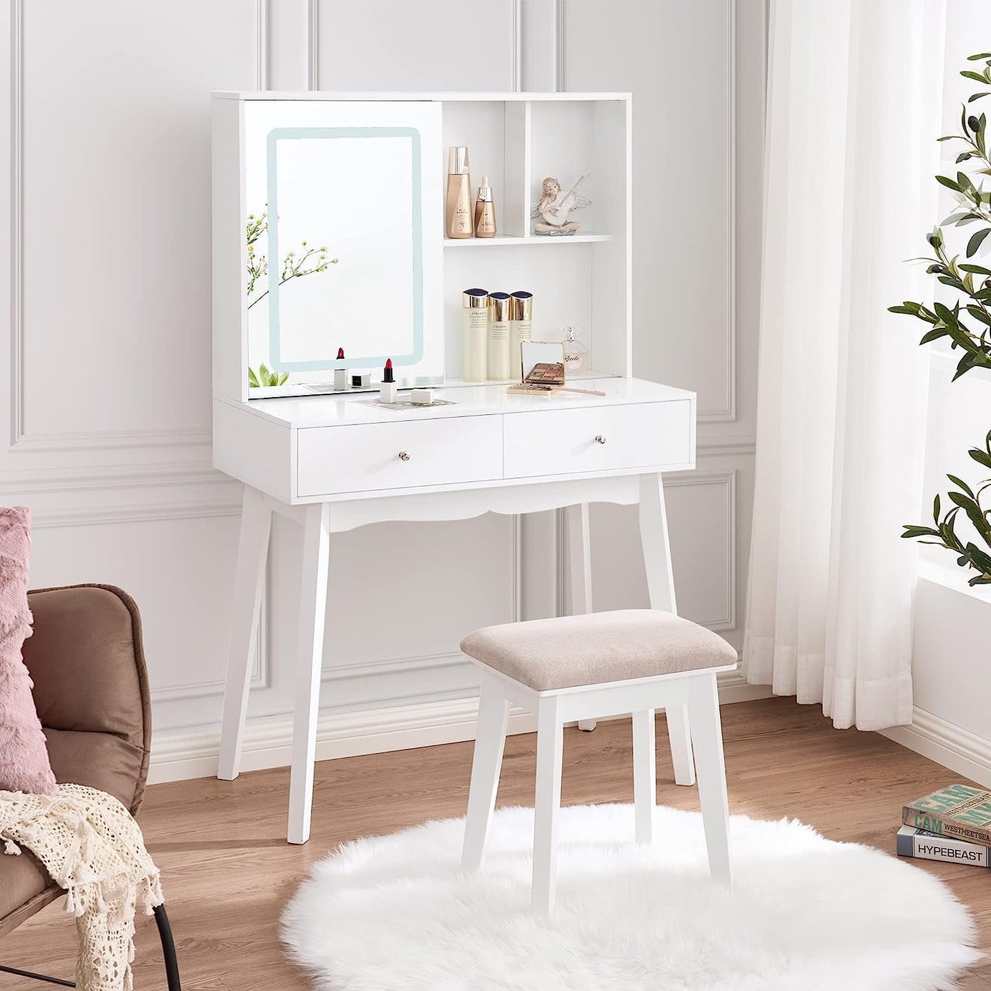White Vanity Desk with Mirror, Lights, and Drawers-0