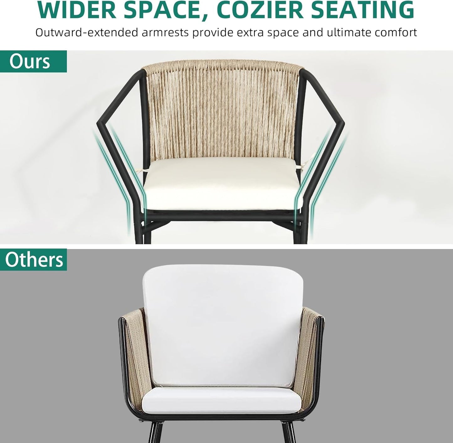 Wicker 3-Piece Outdoor Bistro Set, All-Weather Patio Conversation Set with Stackable Chairs & Table, Outdoor Sectional Furniture Set for Balcony, Backyard, Pool, Porch, Deck - Beige-4