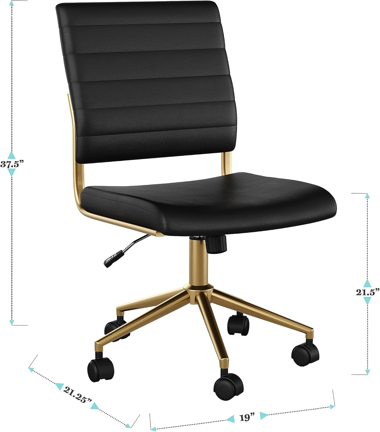 Ivy Armless Swivel Task Chair for Home Office in Black Faux Leather with Polished Brass Frame-2