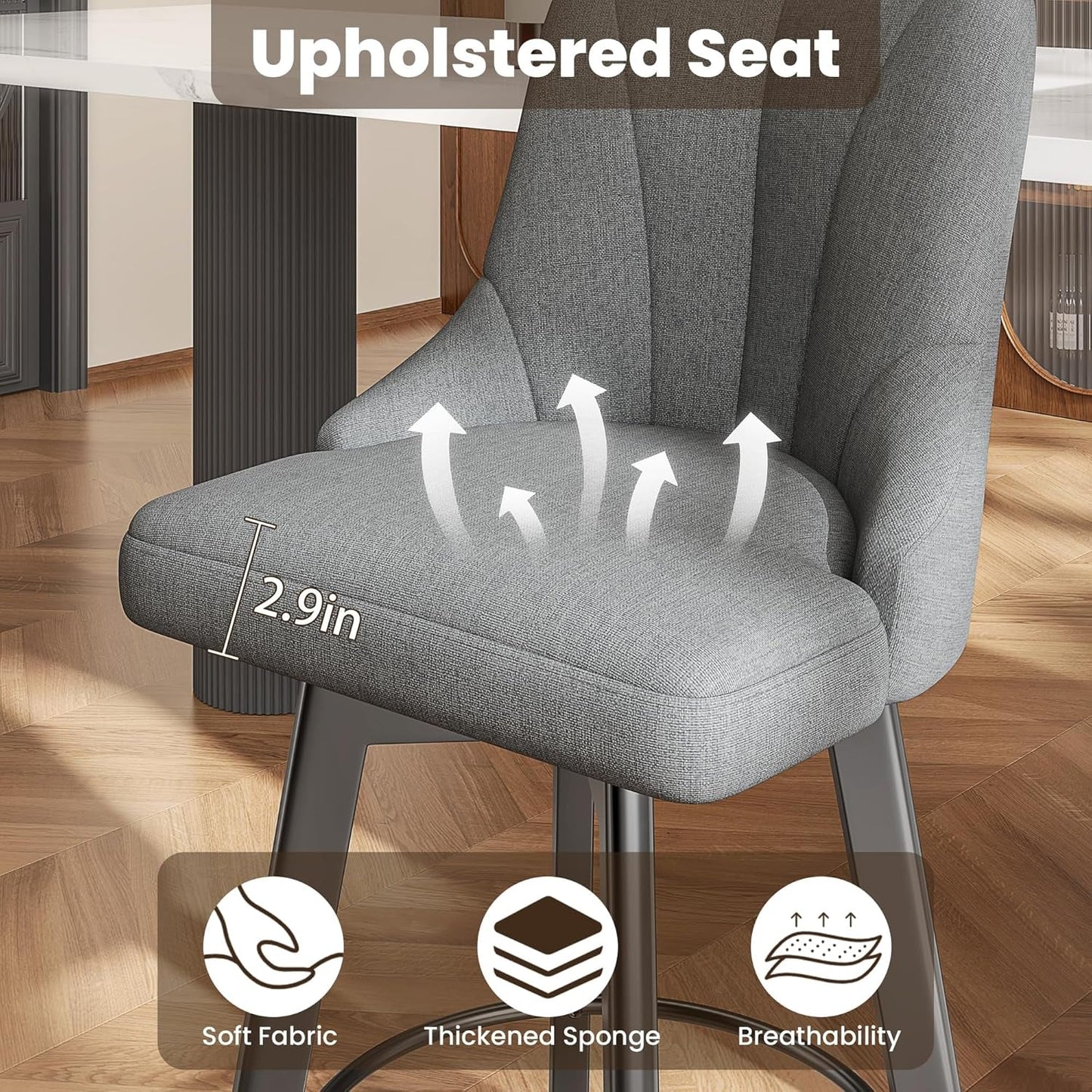 Swivel Bar Stools with Backs, 24" Counter Height Bar Stools Set of 2, Fabric Upholstered Counter Bar Stools with Solid Wood Legs for Kitchen Island, Home Bar, Dark Gray-3
