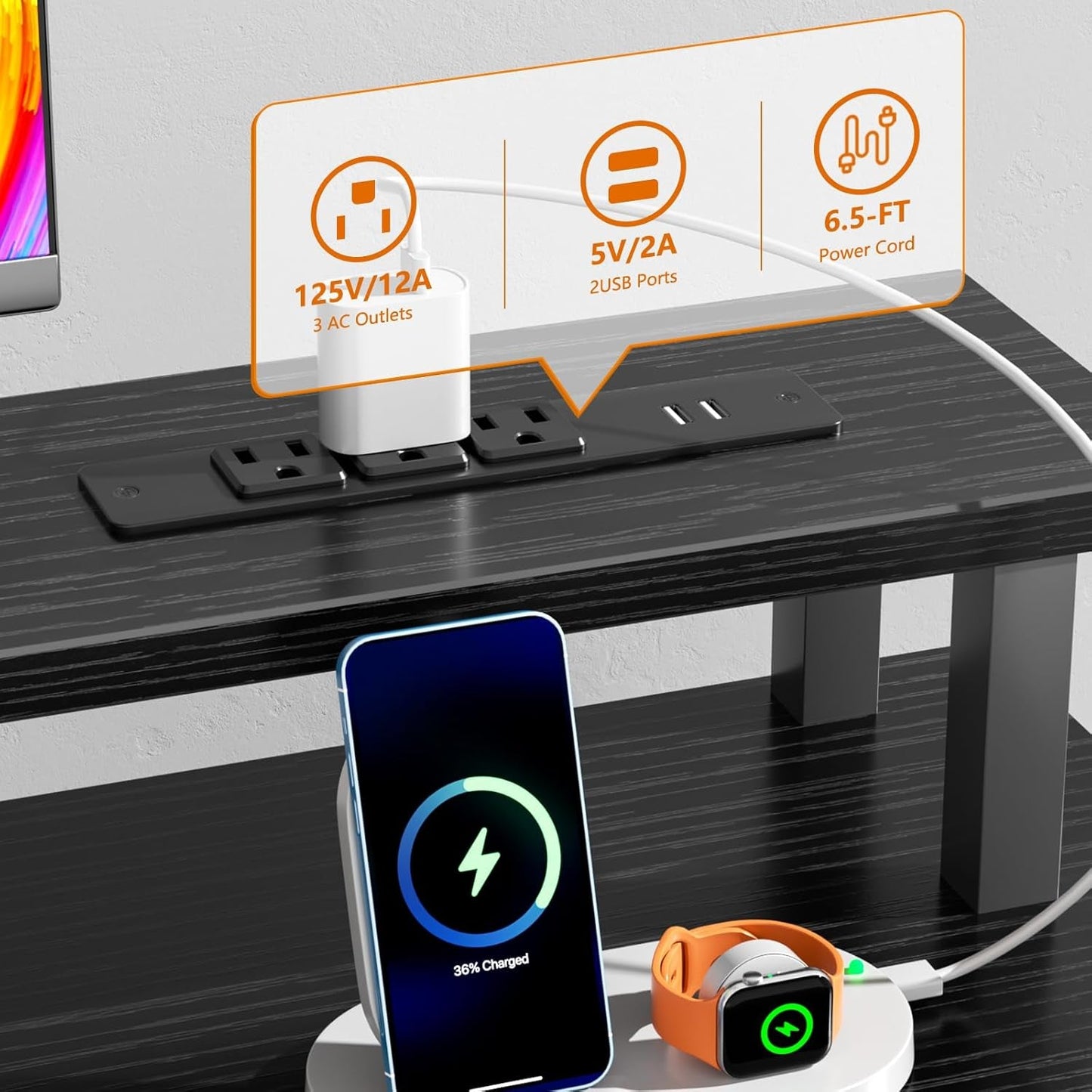 Black Computer Desk with 4 Drawers, 60" Long Office Desk with Fabric File Cabinet and Power Outlets, Gaming Desk with LED Lights, Study Writing Work Desk for Home Office-4