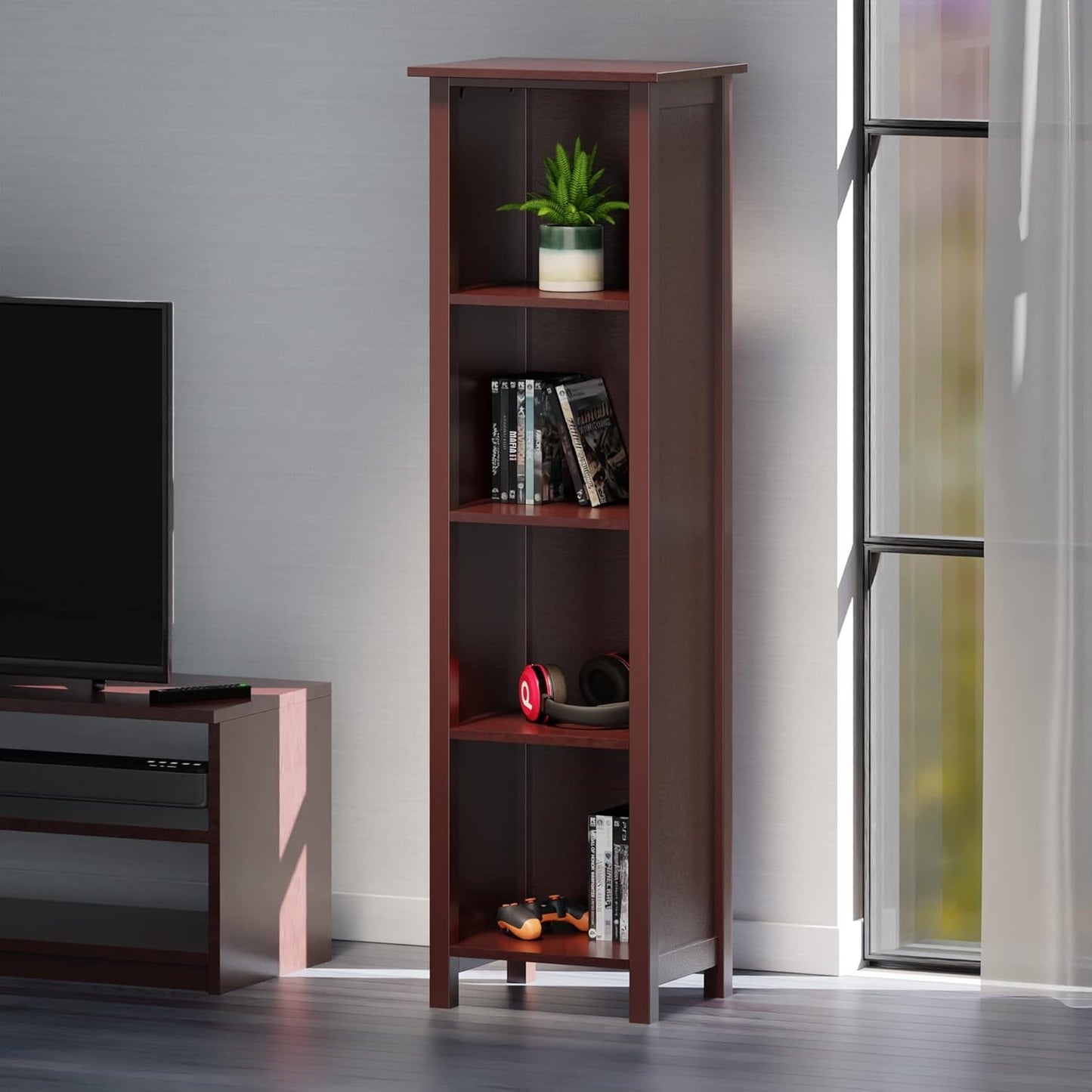 Milan Solid/Composite Wood 5-Tier Tall Storage Shelf or Bookcase, Antique Walnut (94416)-1