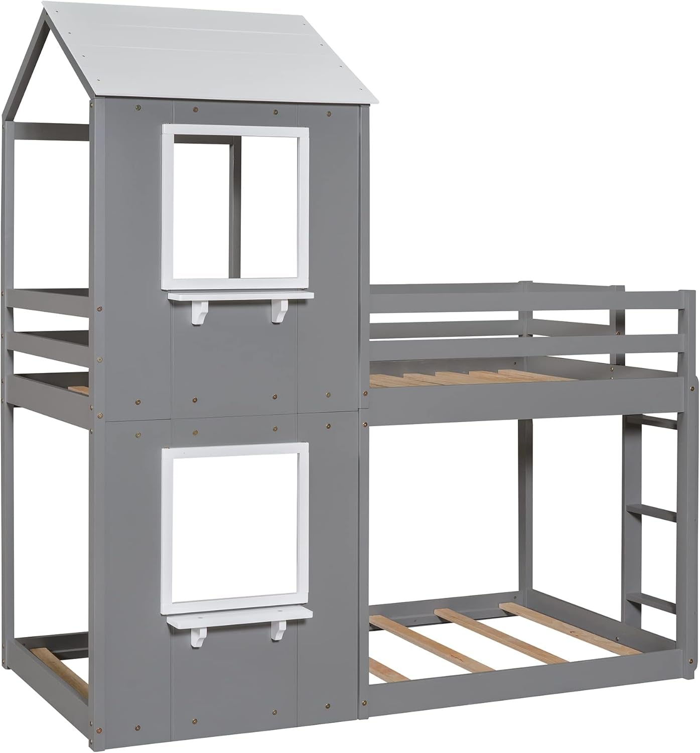 Twin Bunk Beds with House Shape, House Bunk Bed with Roof, Window & Ladders, Twin over Twin Bunk Bed for Kids Girls Boys Teens (Grey)-4
