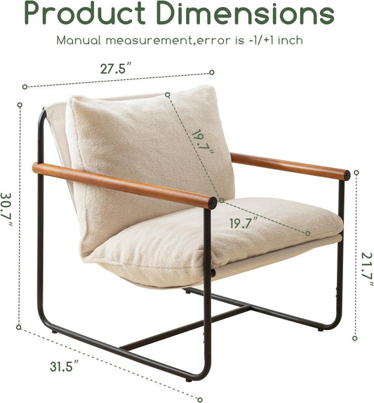 Modern Accent Chair, Living Room Chair with Wood Armrests, Shredded Foam Cushion, and Sturdy Metal Frame Reading Chair, Beige-1