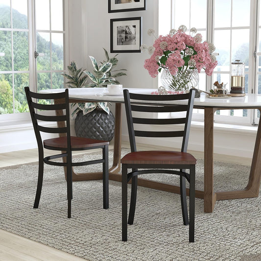 2 Pack HERCULES Series Black Ladder Back Metal Restaurant Chair - Mahogany Wood Seat-1