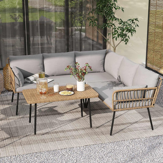 Patio Furniture Set, 4 Pieces Wicker Outdoor Conversation Set Sectional L-Shaped Sofa with 5 Seater for Backyard, Porch, Boho Detachable Lounger with Cushions and Side Table - Grey-1