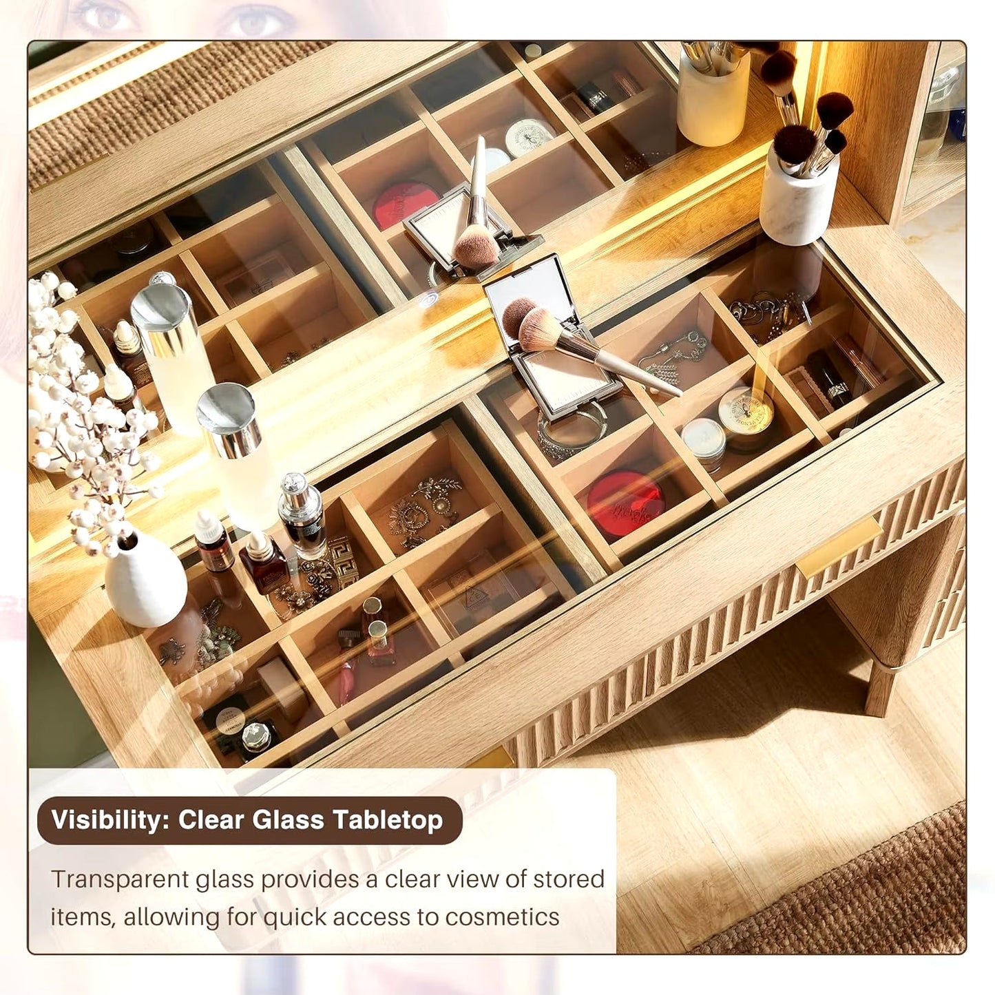 48" Modern Fluted Makeup Vanity Desk with Large 36" Mirror & Lights, with 5 Drawers & Adjustable Shelves, Oak 2025 NEW-4