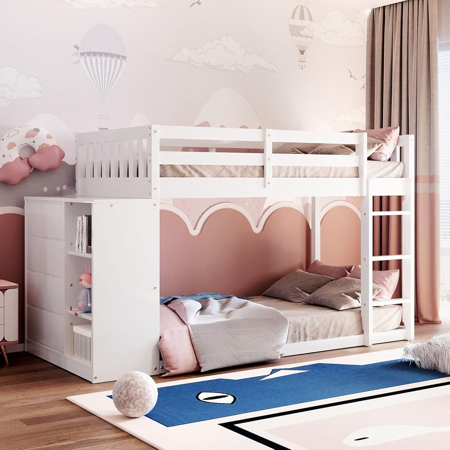 Bunk Bed Twin over Twin, Wood Floor Bunk Bed with Storage Drawers and Shelves, Low Bunk Bed Frame with Guardrails and Ladder for Kids Boys Girls Teens, No Box Spring Needed, Easy Assembly, White-0