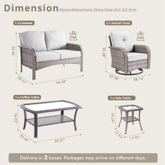 icker Patio Furniture Set with Swivel Rocker Chairs Outdoor Loveseat Sofa and Rattan Coffee Table, 5 Pieces Outdoor Conversation Sets for Patio Porch Deck Backyard Poolside, Light Gray-1