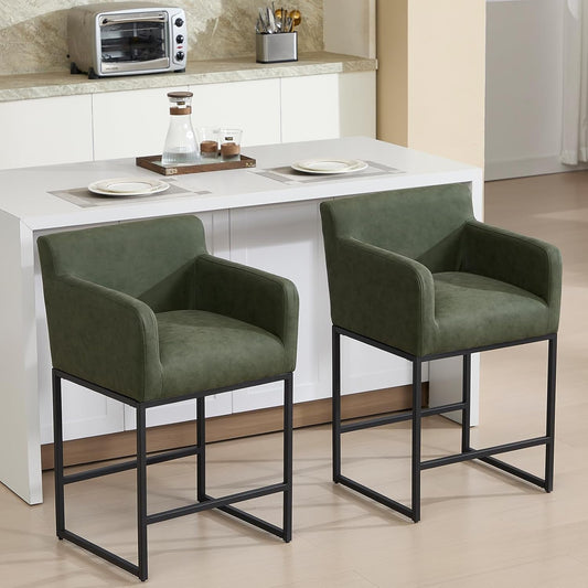 Modern 25" Green Leather Bar Stools (2)-1