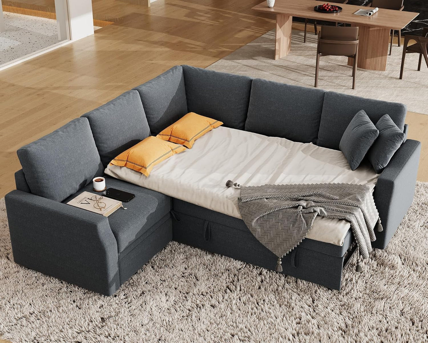 Grey Sectional Sofa Bed L-Shaped, 85", Storage-1