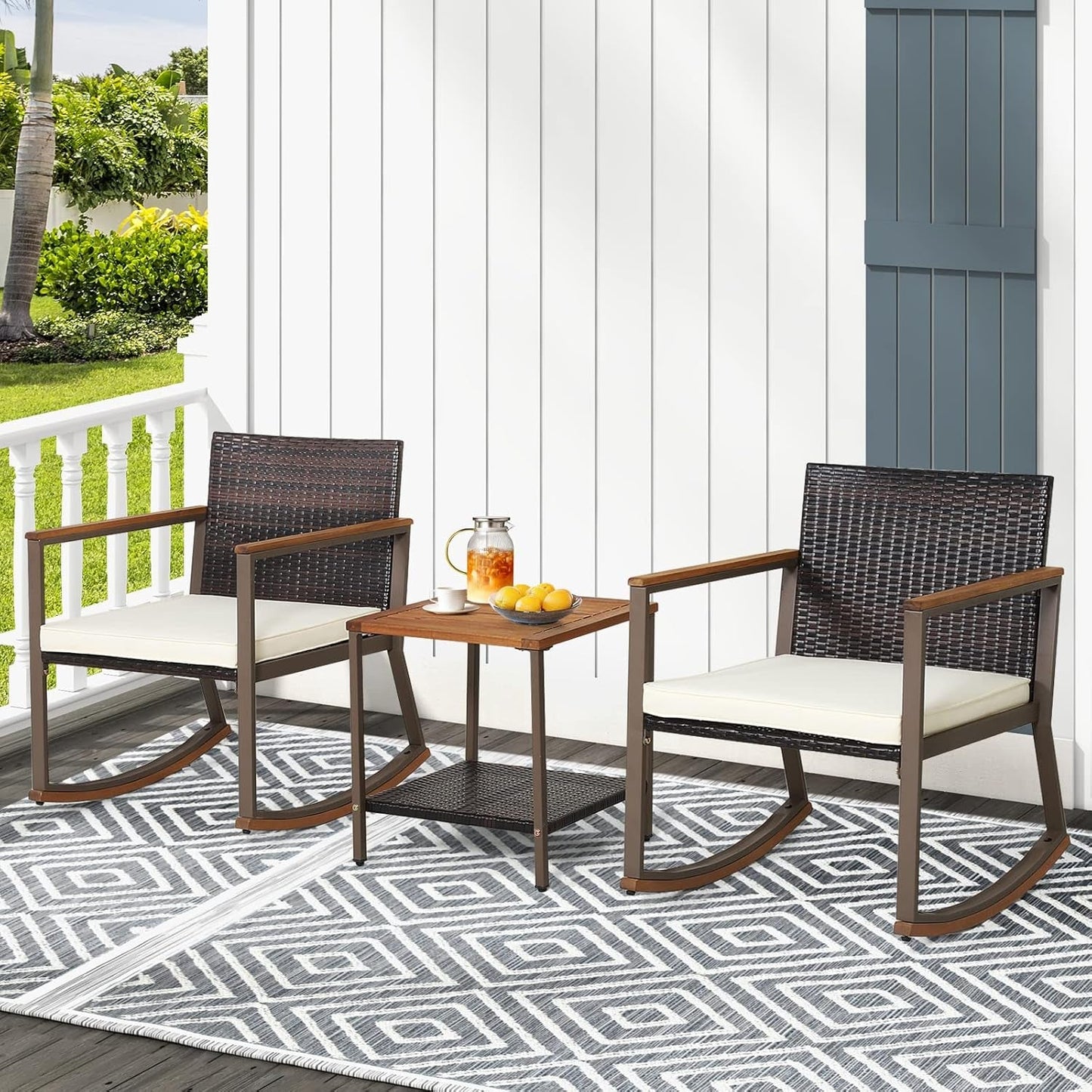 3 Pieces Rocking Bistro Set, Outdoor Rocker Chair with Coffee Table & Cushions, Patio Rattan Furniture Conversation Set for Balcony Porch Poolside (Off White)-2