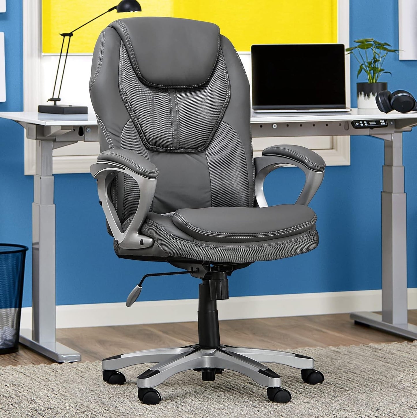 Executive Office Padded Arms, Adjustable Ergonomic Gaming Desk Chair with Lumbar Support, Faux Leather and Mesh, Light Gray-1