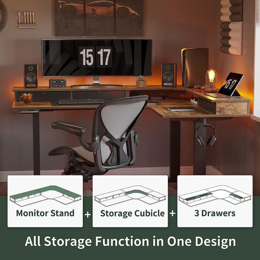 Triple Motor Standing Desk, L-Shaped, Rustic Brown-1