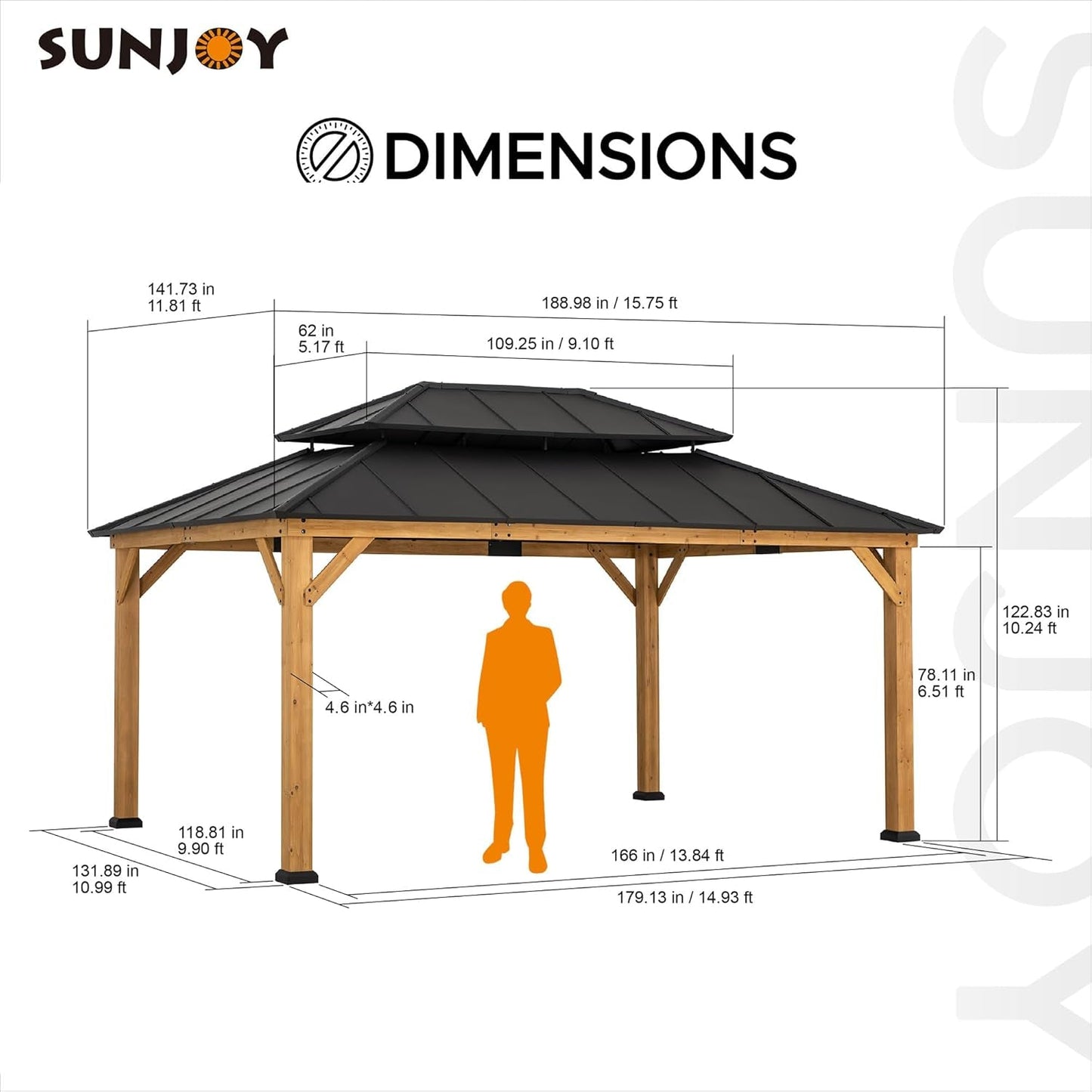 12x16 Wood Hardtop Gazebo Black Metal Roof-0