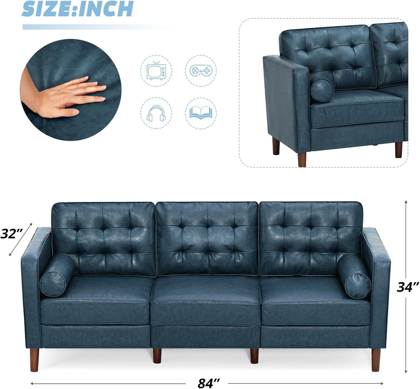 2 Pieces Faux Leather Couch Set, Upholstered 3 Seat & Loveseat Sofa with Bolster Pillows, Mid Century Modern Couch Set with Wooden Legs for Living Room, Bedroom, Office. Blue-2
