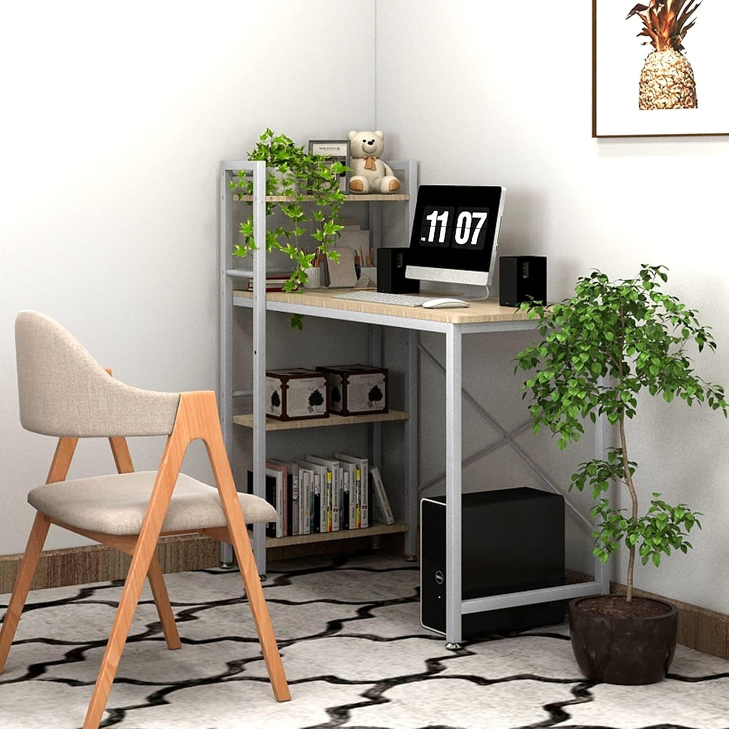 35" Small Computer Desk with 4-Tier Bookshelf, Home Office Desk Writing Workstation Study Table Multipurpose for Small Space Work - Natural and White-3