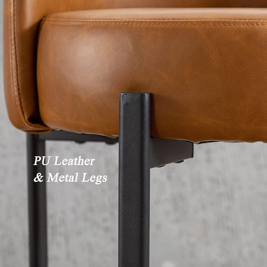 Counter Height Bar Stools 26" round Barstools Set of 2, Modern Faux Leather Counter Stools with Black Metal Legs for for Kitchen Island Counter, Small Space, Brown-1