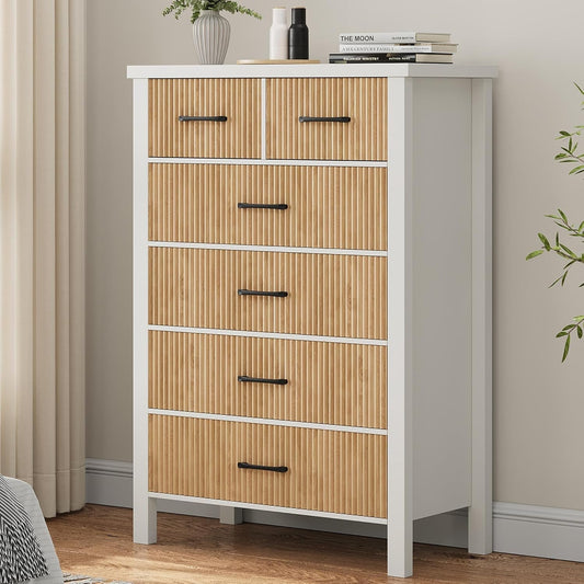 White 6 Drawer Fluted Dresser with Wood Legs-1