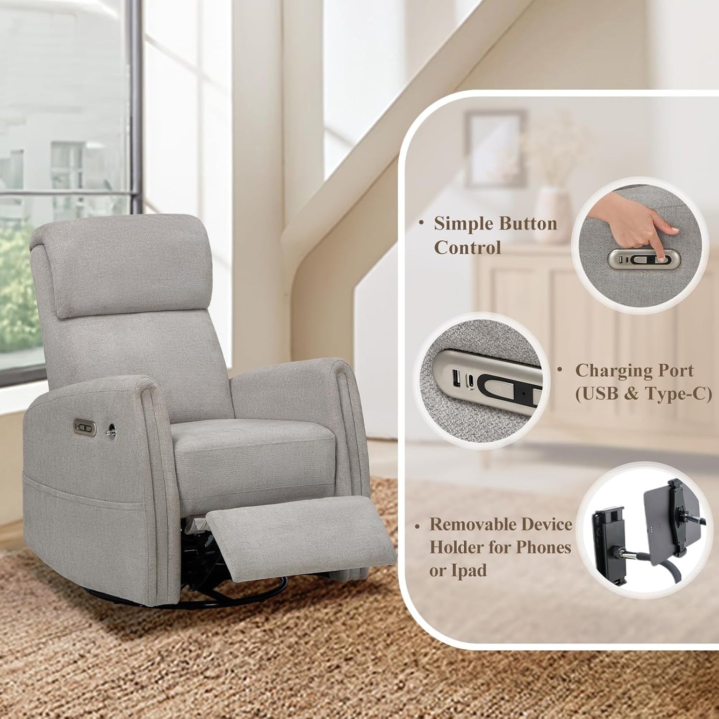 Power Recliner Chairs Swivel Glider Rocker for Nursery, Upholstered Fabric Living Room Rocking Reclining Single Sofa Chair with 2 Device Holders, Dove Grey, Set of 2-4
