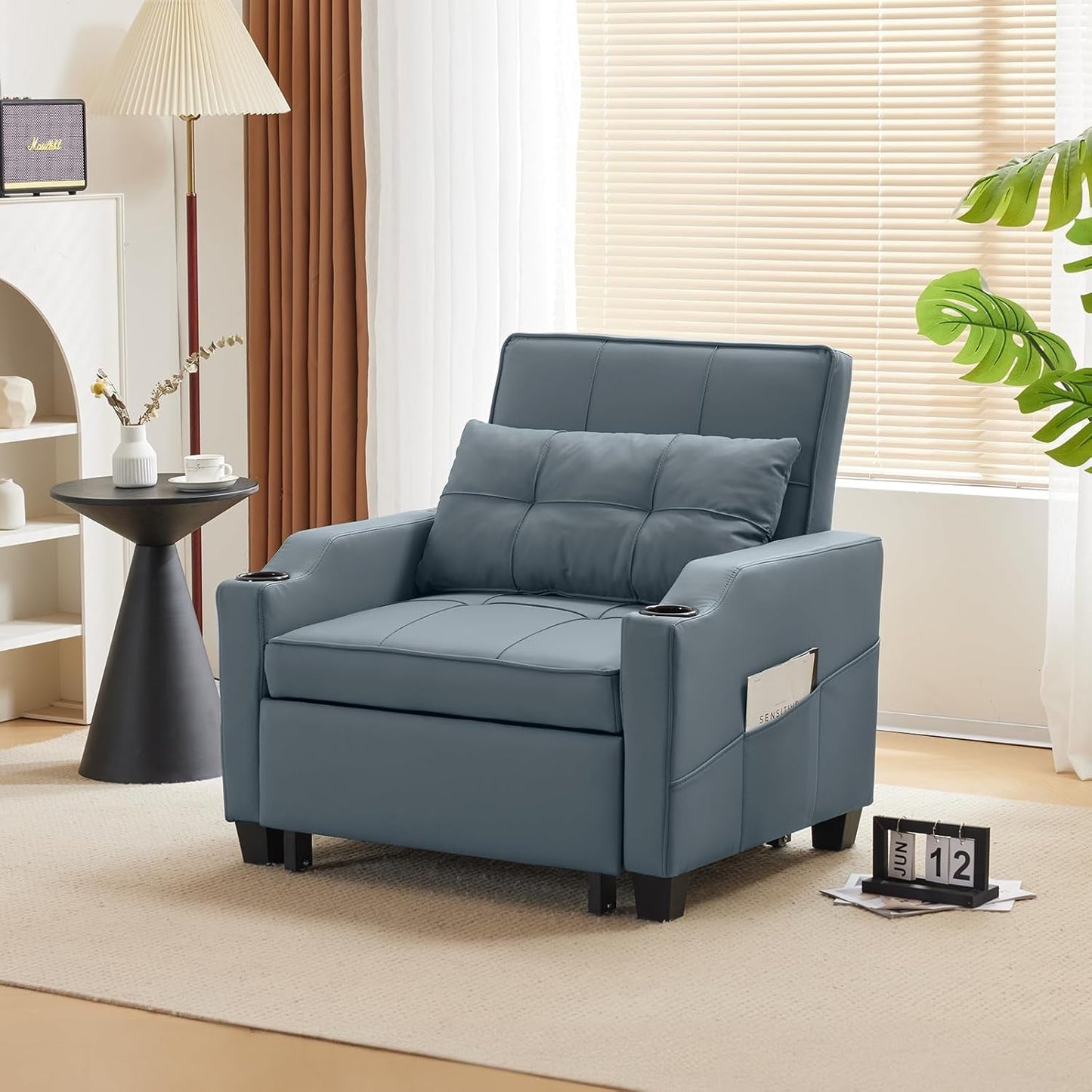 Sofa Bed Chair Recliner, 3-In-1 Convertible Sleeper Sofa Chair Bed Blue Gray Daybed Pull Out Couch Bed with Adjustable Backrest, USB Ports, Cup Holders for Small Spaces Living Room-2