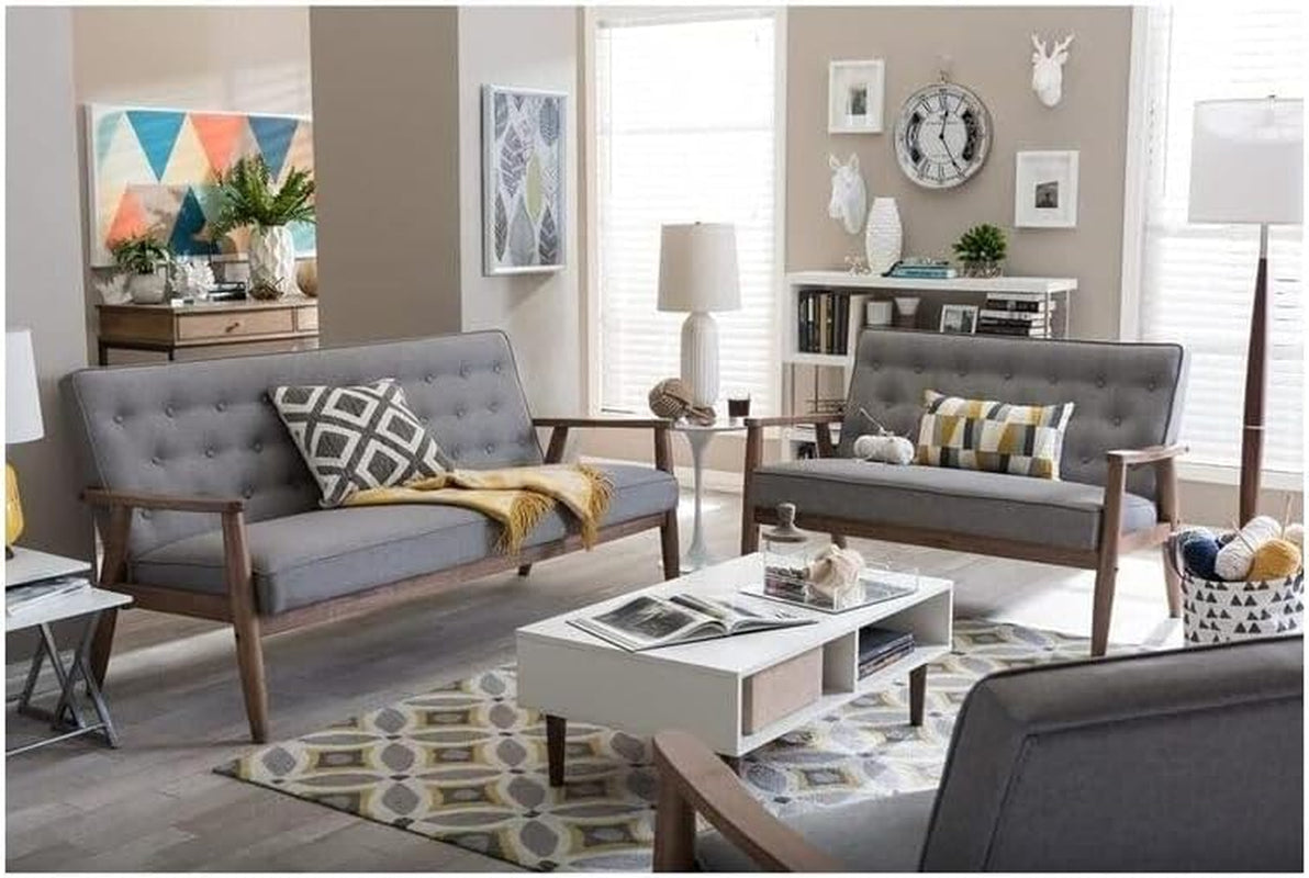 Nordic Haven Mid-Century Retro Modern Grey Fabric Upholstered Wooden 3 Piece Living Room Set, Includes - Sofa, Loveseat and Chair-2