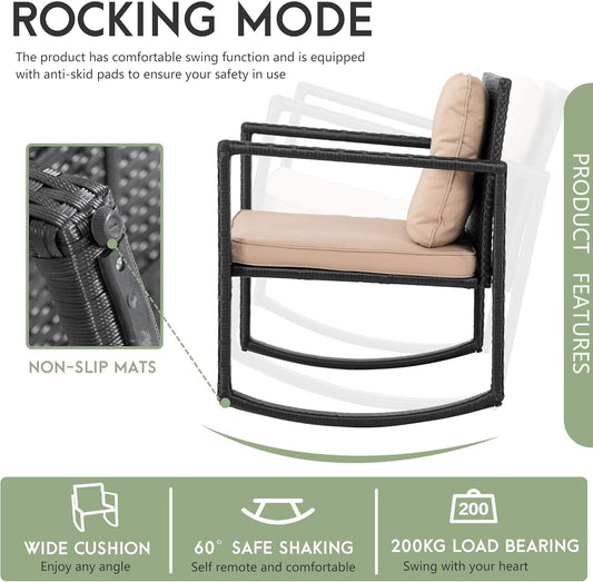 Wicker Patio Furniture Outdoor Bistro Set, Rocking Chair, 3 Piece, Rattan Conversation Set for Backyard Porch Poolside Lawn with Coffee Table,Black-1