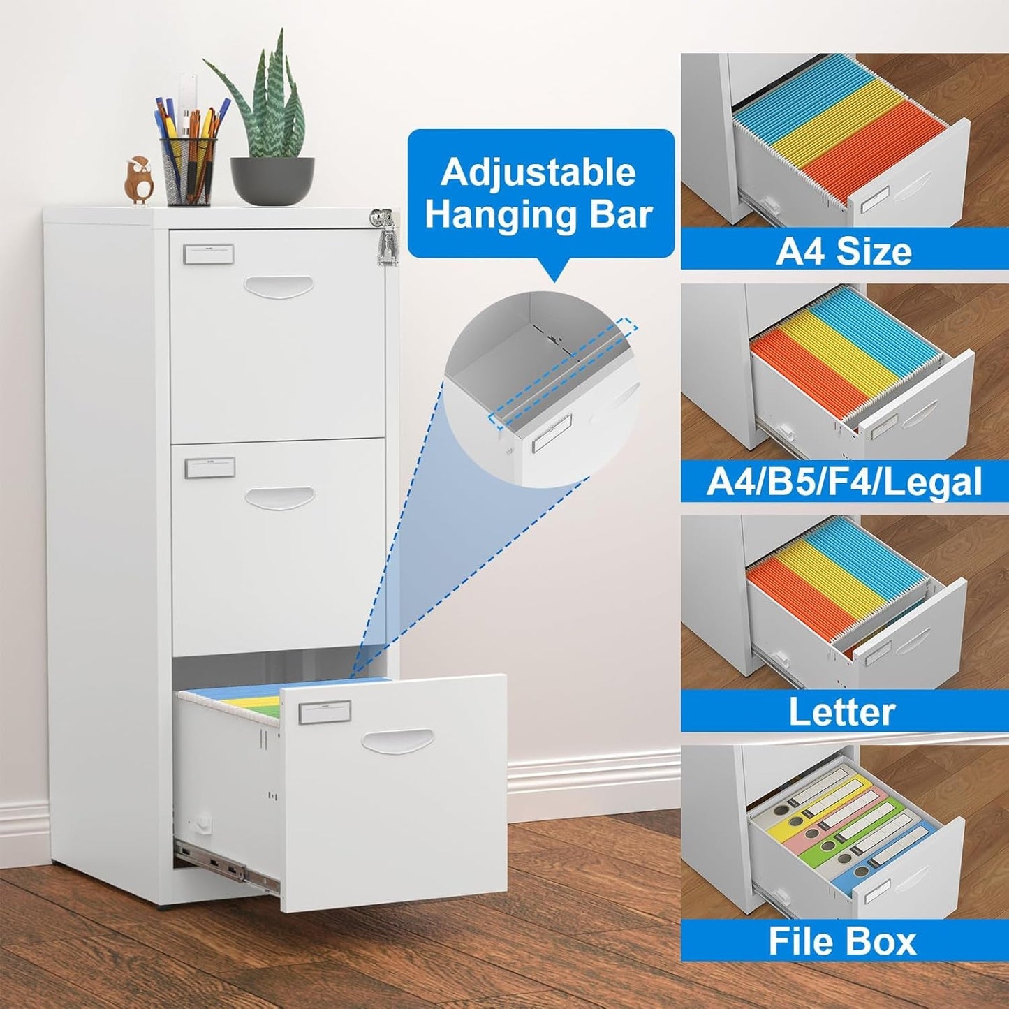 Metal File Cabinet with Lock, 3 Drawer Filing Cabinet, White Locking File Cabinet for Home Office, Light Duty Narrow Modern File Storage Cabinet for Hanging Letter/Legal/A4/F4 Size-Assembly Required-4