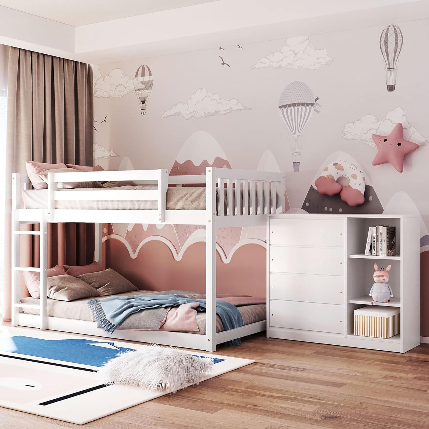 Bunk Bed Twin over Twin, Wood Floor Bunk Bed with Storage Drawers and Shelves, Low Bunk Bed Frame with Guardrails and Ladder for Kids Boys Girls Teens, No Box Spring Needed, Easy Assembly, White-2