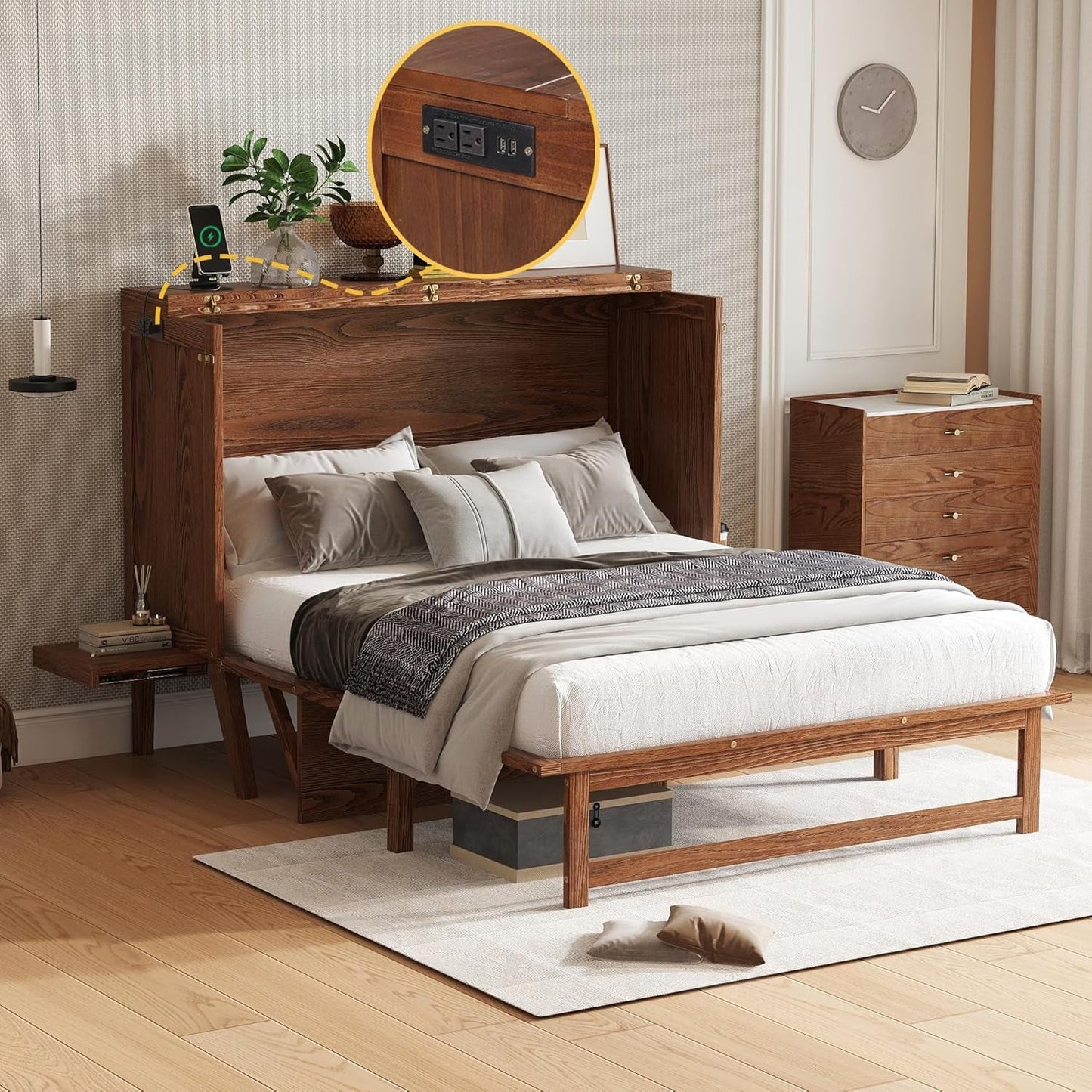 Queen Size Murphy Cabinet Bed with Desk and USB-Port-12