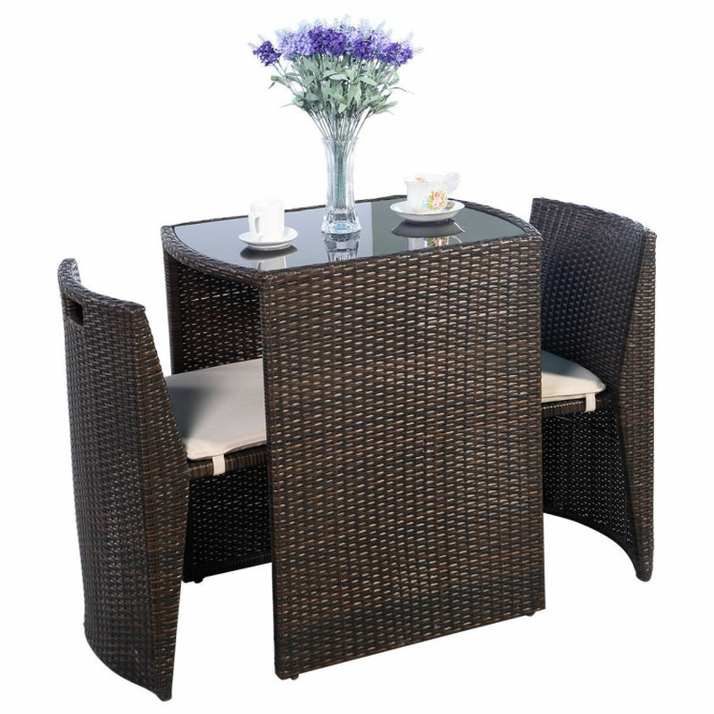 3 Pieces Cushioned Wicker Patio Bistro Set with No Assembly Needed-2