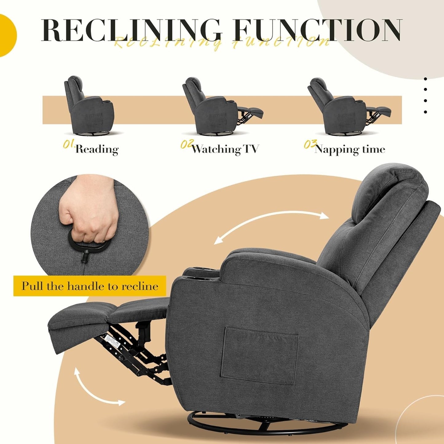 Recliner Chair,360° Swivel Rocker Chair for Adults, Rocking Recliner Chair with Massage, Comfy Single Sofa with Side Pockets Cup Holders for Living Room, Bedroom, Nursery (Fabric, Gray)-4