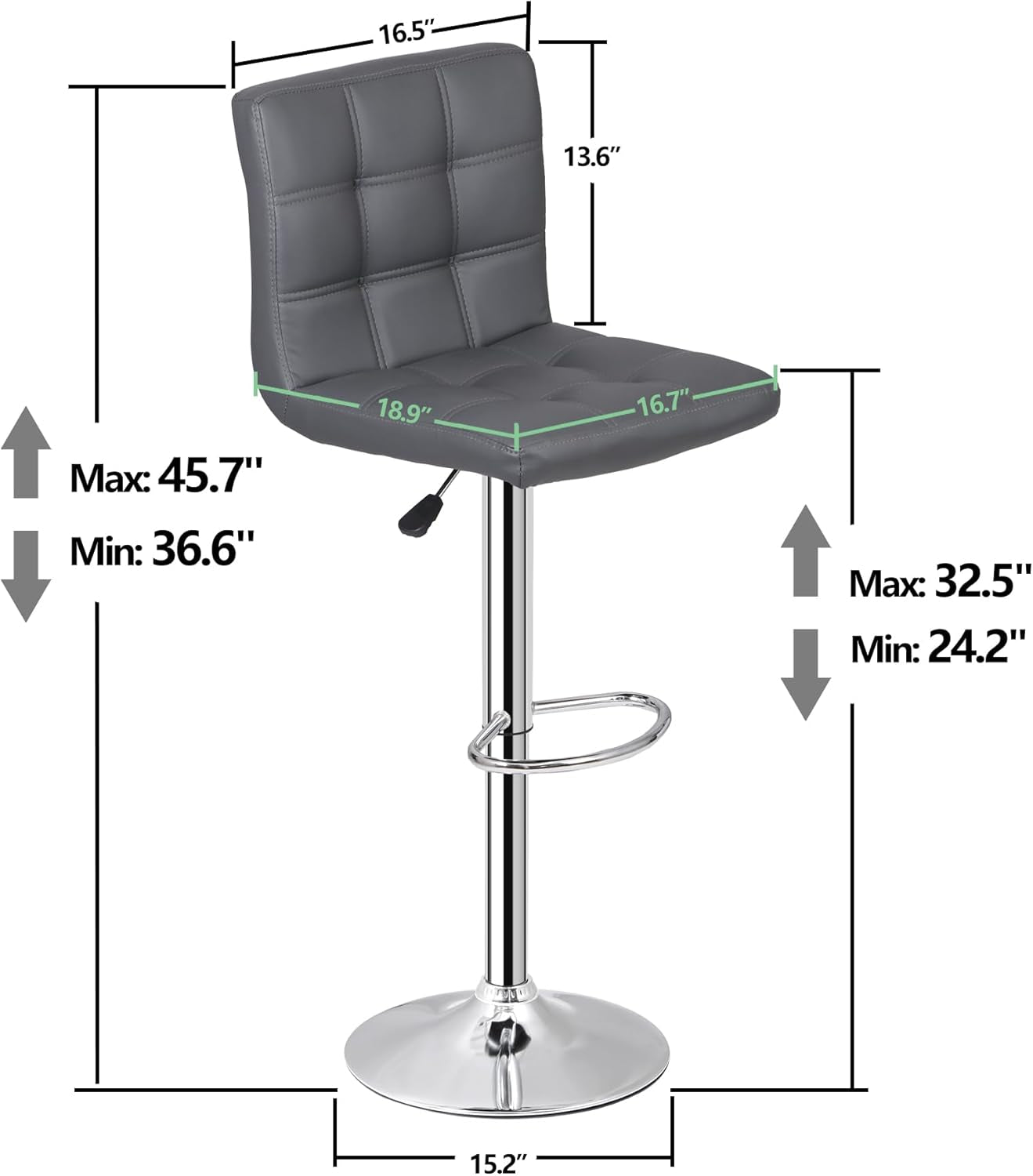 Set of 4 Adjustable Swivel Barstools, Modern PU Leather Kitchen Counter Bar Stools, Square Back Bar Stool (Grey)-2
