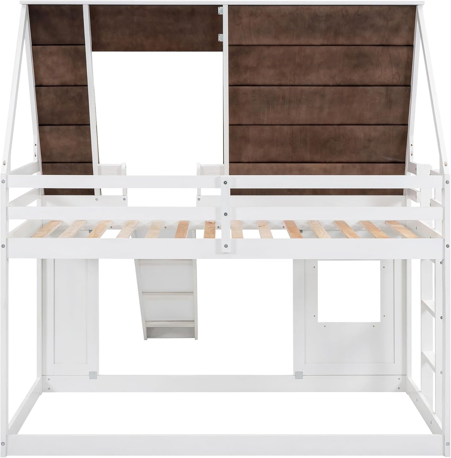 Twin over Twin House Bunk Bed Frame with Roof,Window,Ladder and Slide for Boys Girls, White & Brown-4