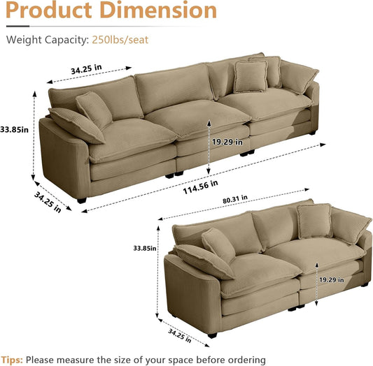 Oversized 2 Piece Sofa Set for Living Room, 3-Seater & Loveseat Couch, Modular Sectional Deep Seat Corduroy Comfy Cloud Couches with 4 Armrest Pillows and 5 Toss Pillows, Camel-1
