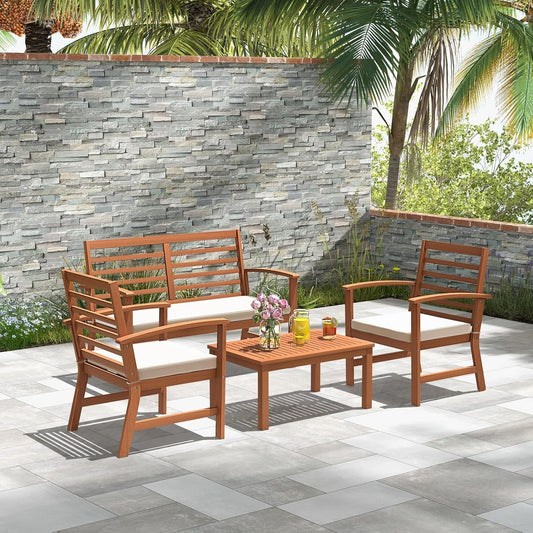 4 Pieces Outdoor Furniture Set, Acacia Wood Conversation Set W/Soft Seat Cushions, Stable Acacia Wood Frame, Patio Sofa & Coffee Table Set for Backyard, Porch, Poolside (White)-1