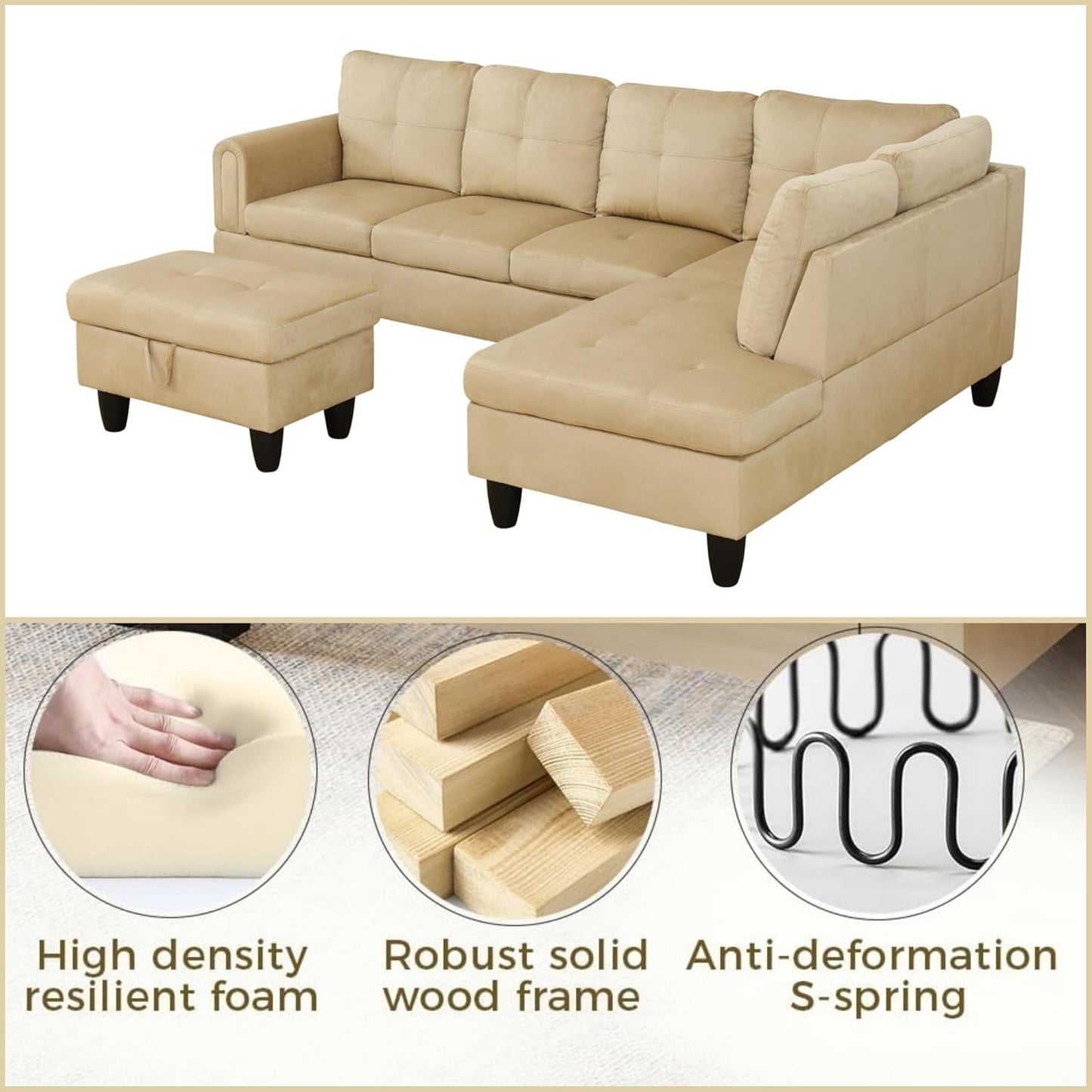 Sectional Couch with Otttoman, 97" L Shaped Couch Sectional Sofa for Living Room, Modern Modular Couches with Cup Holders for Bedroom, Apartments, Beige-3