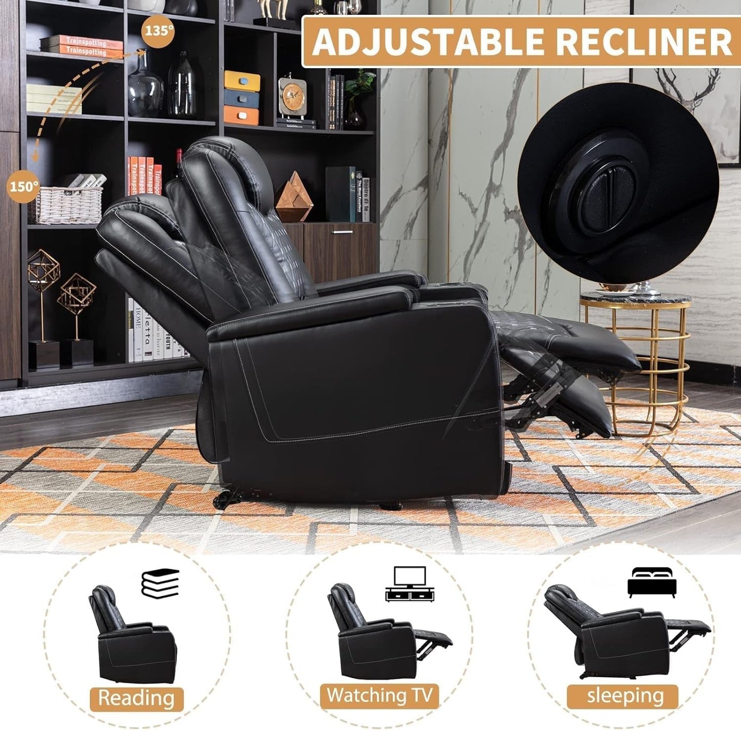 Power Recliner Chair with USB Ports and Cup Holders - Overstuffed Electric Home Theater Seating PU Leather Reclining Furniture with Hidden Arm Storage, Easy to Clean (Set of 2, Black)-2