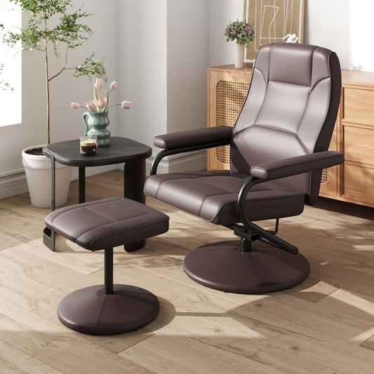 Recliner Chair with Ottoman, 360° Swivel Faux Leather Reclining Chair W/Adjustable Backrest, Footrest, Sturdy Metal Base, Upholstered Armchair for Living Room Bedroom Study, Office, Brown-1