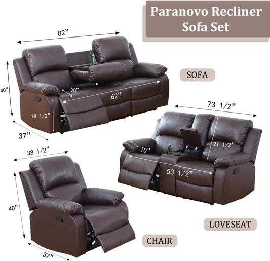 3PCS Recliner Sofa Set Vegan Leather Reclining Couch Set Living Room Furniture Sets Manual Reclining Sofa Set with Cup Holders/Storage Console/Flip down Table for Home/Office (Brown, 3PCS Set)-1