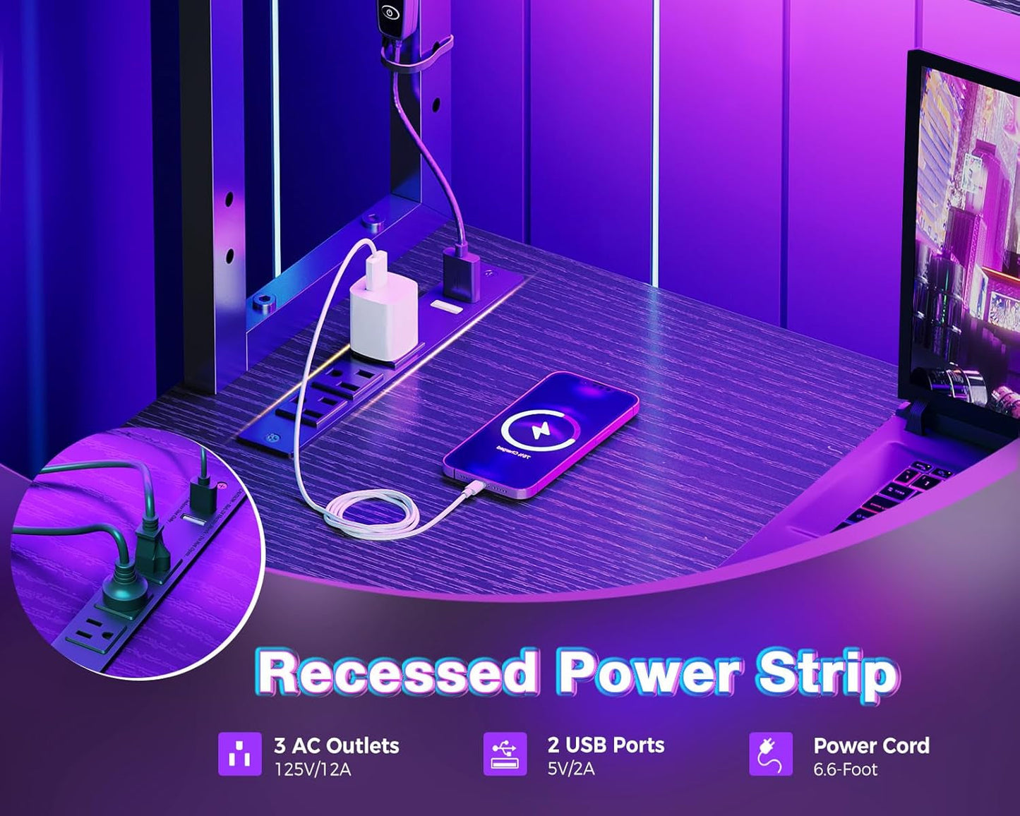 L Shaped Desk Gaming Desk with LED Light & Power Outlet, 53 Inch Reversible L Shaped Computer Desk with Shelf, Corner Desk with Storage Bag&Hook for Home Office Desk, Black-4