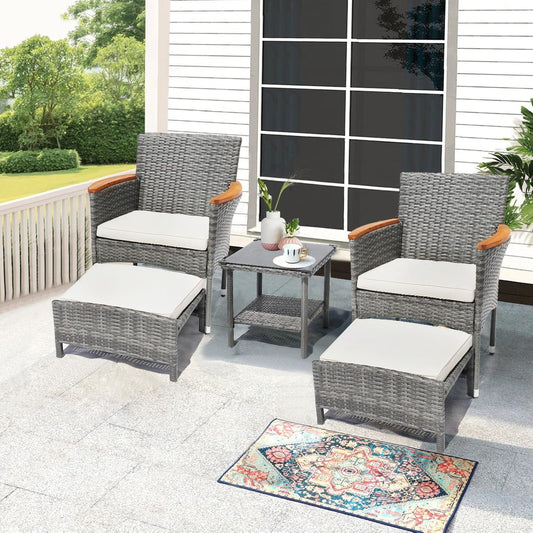5 Piece Outdoor Patio Furniture Set with Table&Ottoman Outdoor Furniture Patio Set Bistro Wicker Patio Set of 2 outside Lawn Chairs Conversation Sets for Porch Balcony Deck(Gray Wicker&Beige Cushion)-1