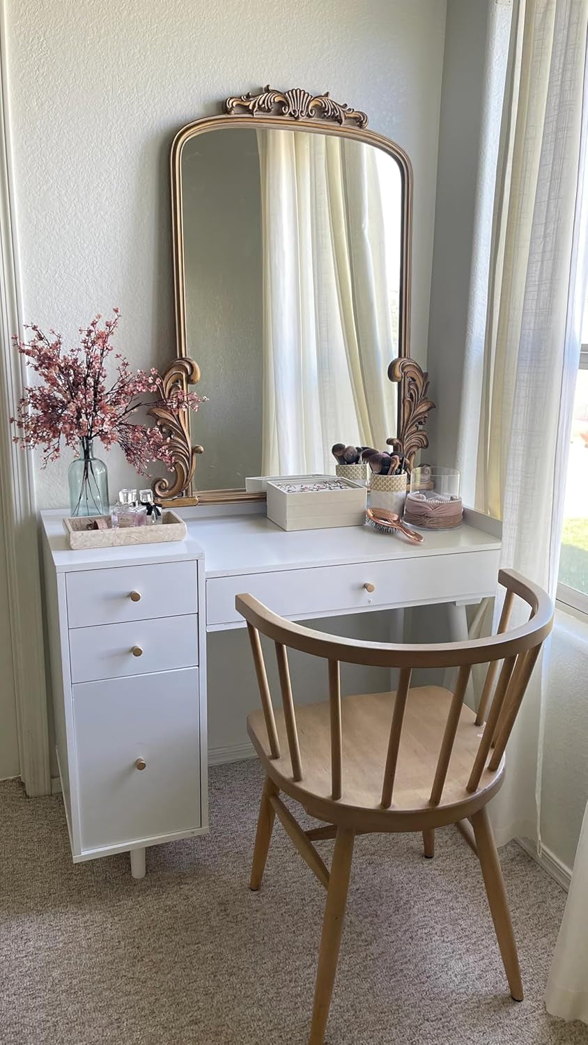 Daisy Vanity Dressing Table or Makeup Desk with 4-Drawers and Brass Accent Knobs, White Wood-4