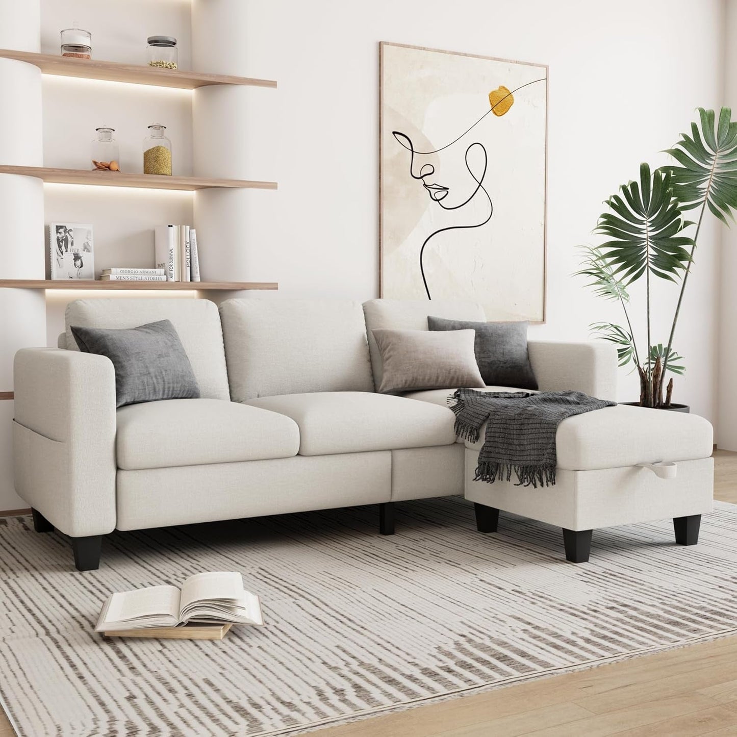 Couch for Living Room - Small Space Couches Sectional L-Shaped Sofa, 3 Seat Modern Couch, Sofas Convertible with Storage Ottoman for Small Space, Bedroom, Offices and Apartments - Beige-0
