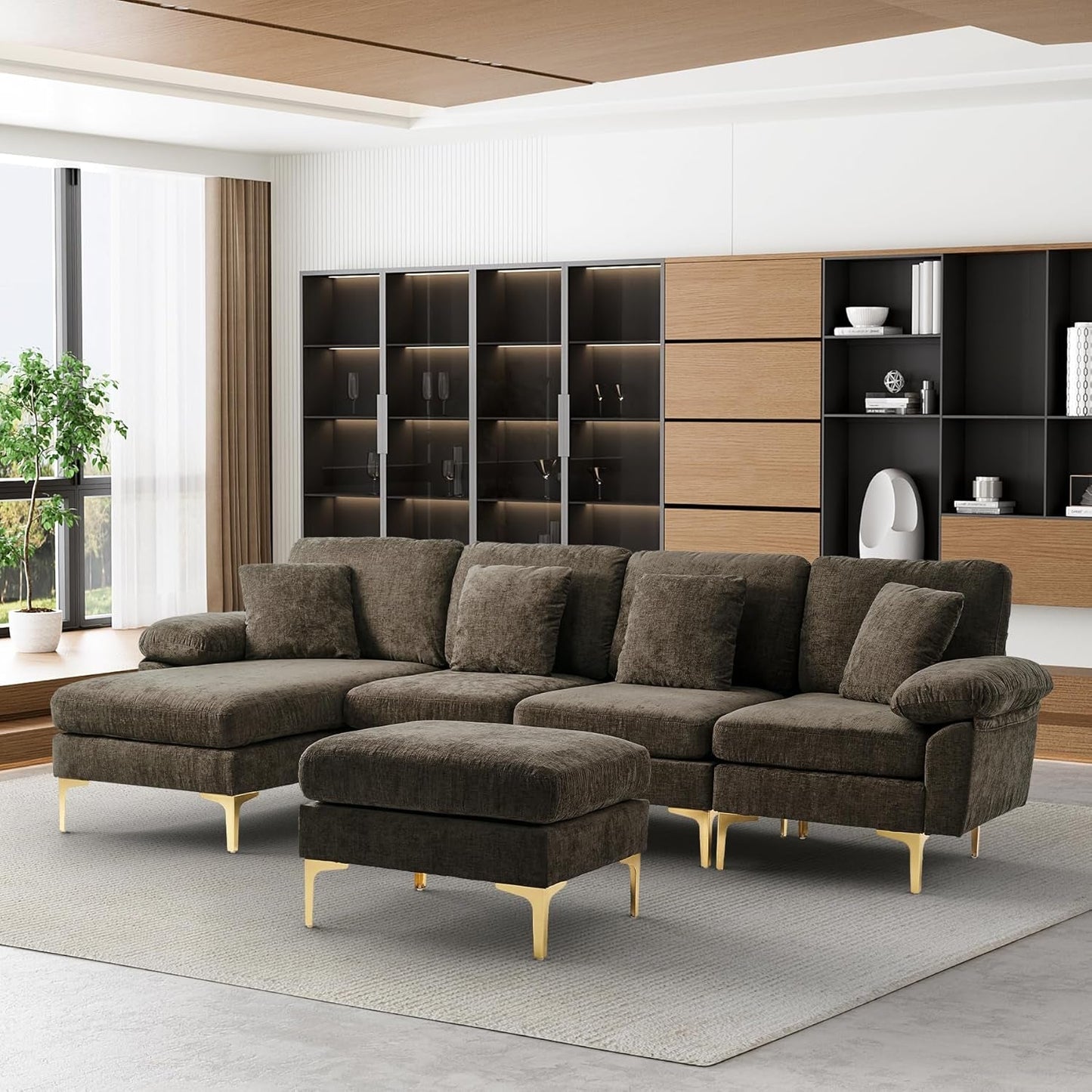 U-Shaped Sectional Sofa Couch, 4 Seat Sofa Set for Living Room, Convertible L-Shaped Chenille Couch Set with Chaise Lounge, Ottoman and Pillows,114 Inches (Brown)-0