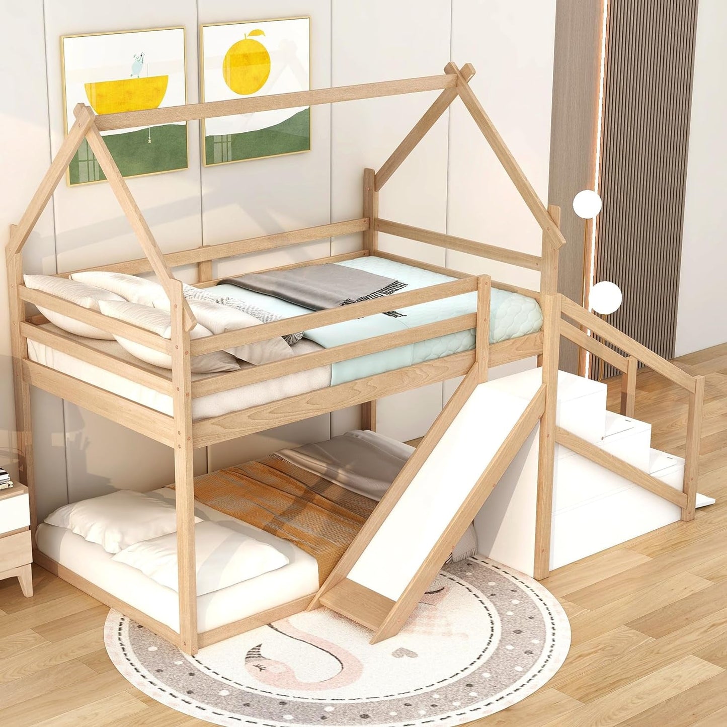 Twin over Twin Bunk Bed with Slide and Staircase, House Bunk Bed for Kids, Wood Loft/Bunk Bed Frame with Storage for Kids Teens Boys Girls, (Natural)-0