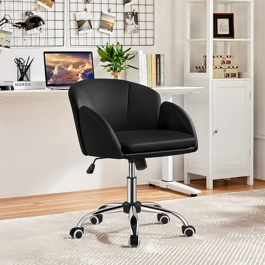 Cute Petal Desk Chair Home Office Swivel Upholstered Leather Makeup Vanity Desk Chair with Armrests for Bedroom Modern Computer Rolling Chair for Women Black-1